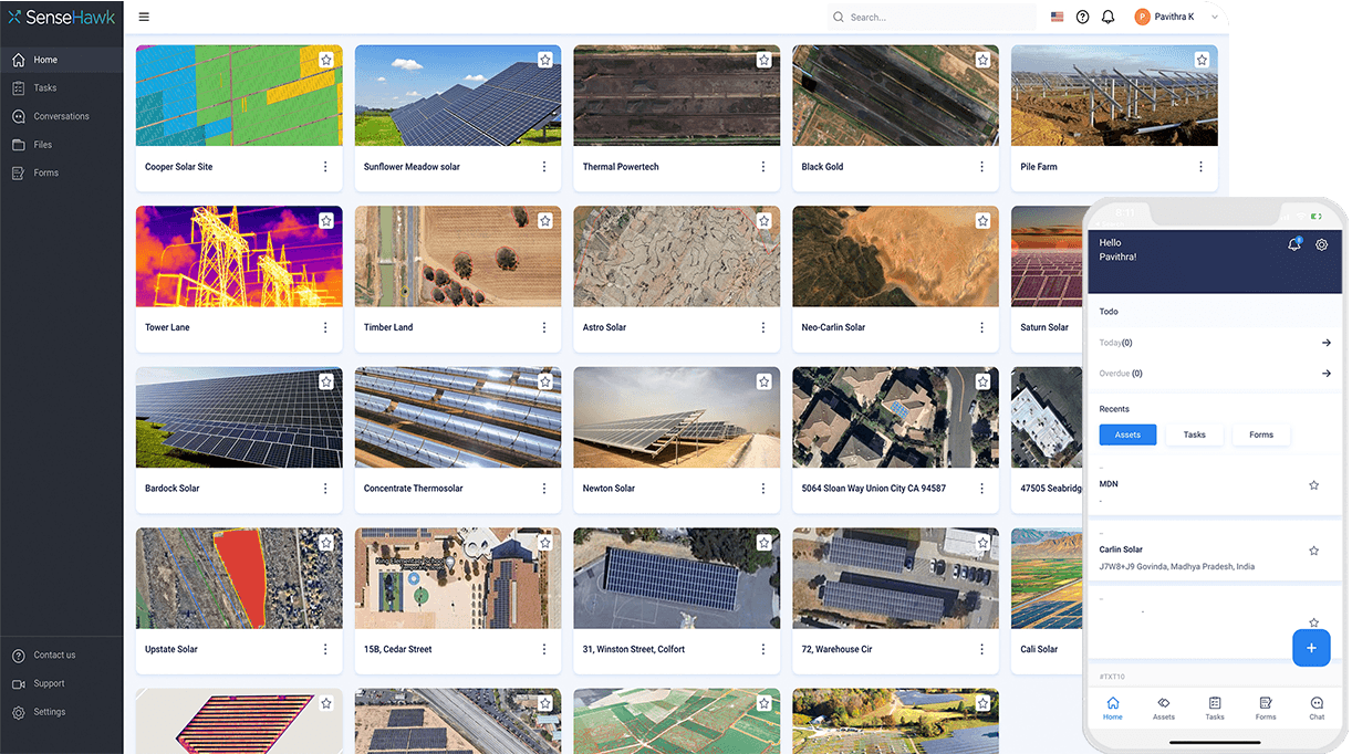 SenseHawk TaskMapper dashboard showing solar project cards and mobile task views