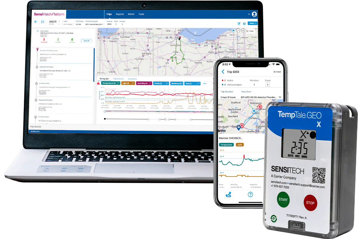 TempTale GEO X monitor alongside SensiWatch desktop and mobile displays