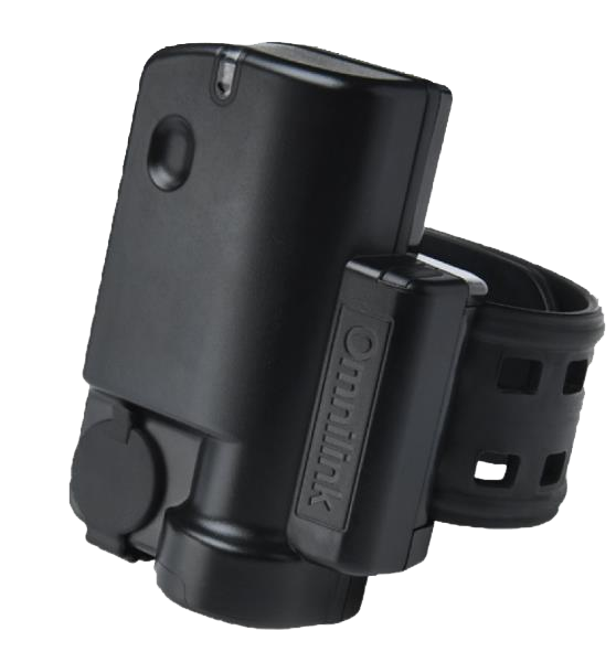Side view of the black Omnilink OM500 ankle monitoring device