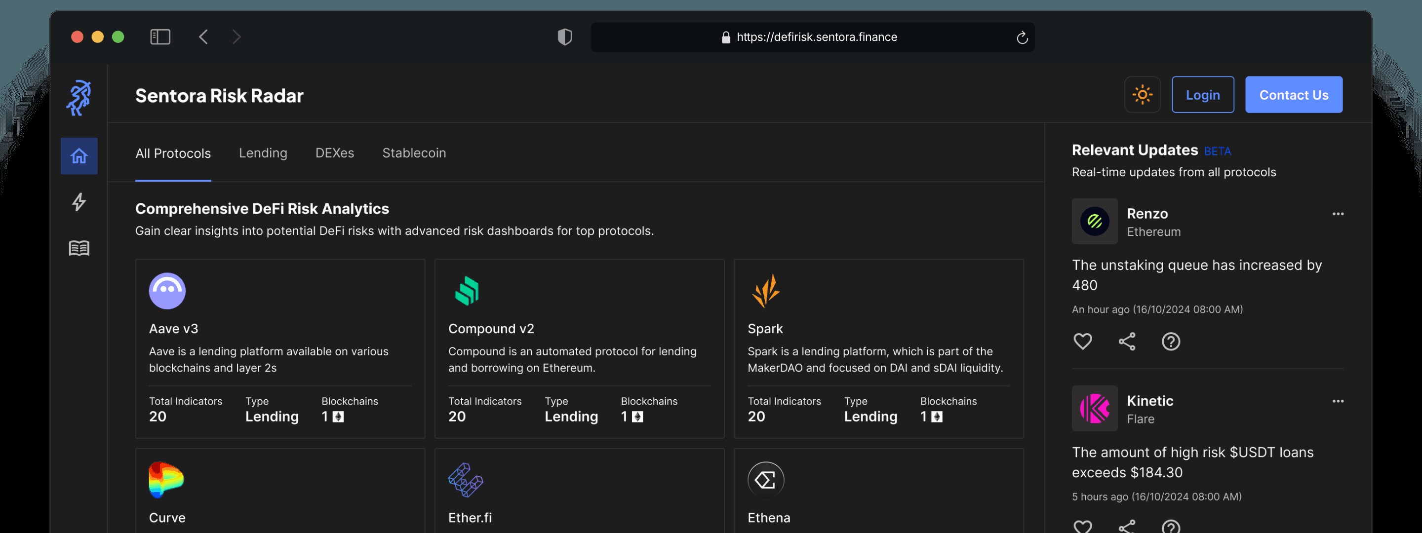Sentora Risk Radar interface showing DeFi protocols and real-time risk updates