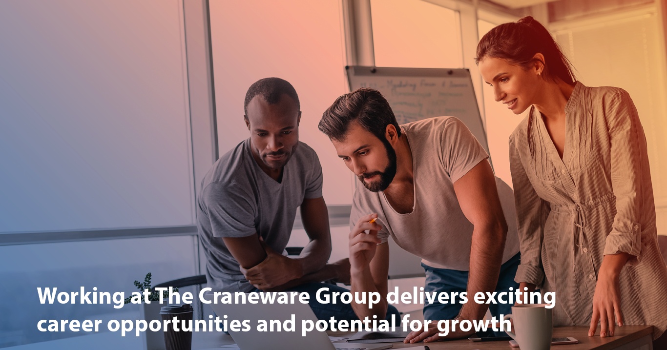 Craneware Group recruitment graphic showing three people collaborating at a desk