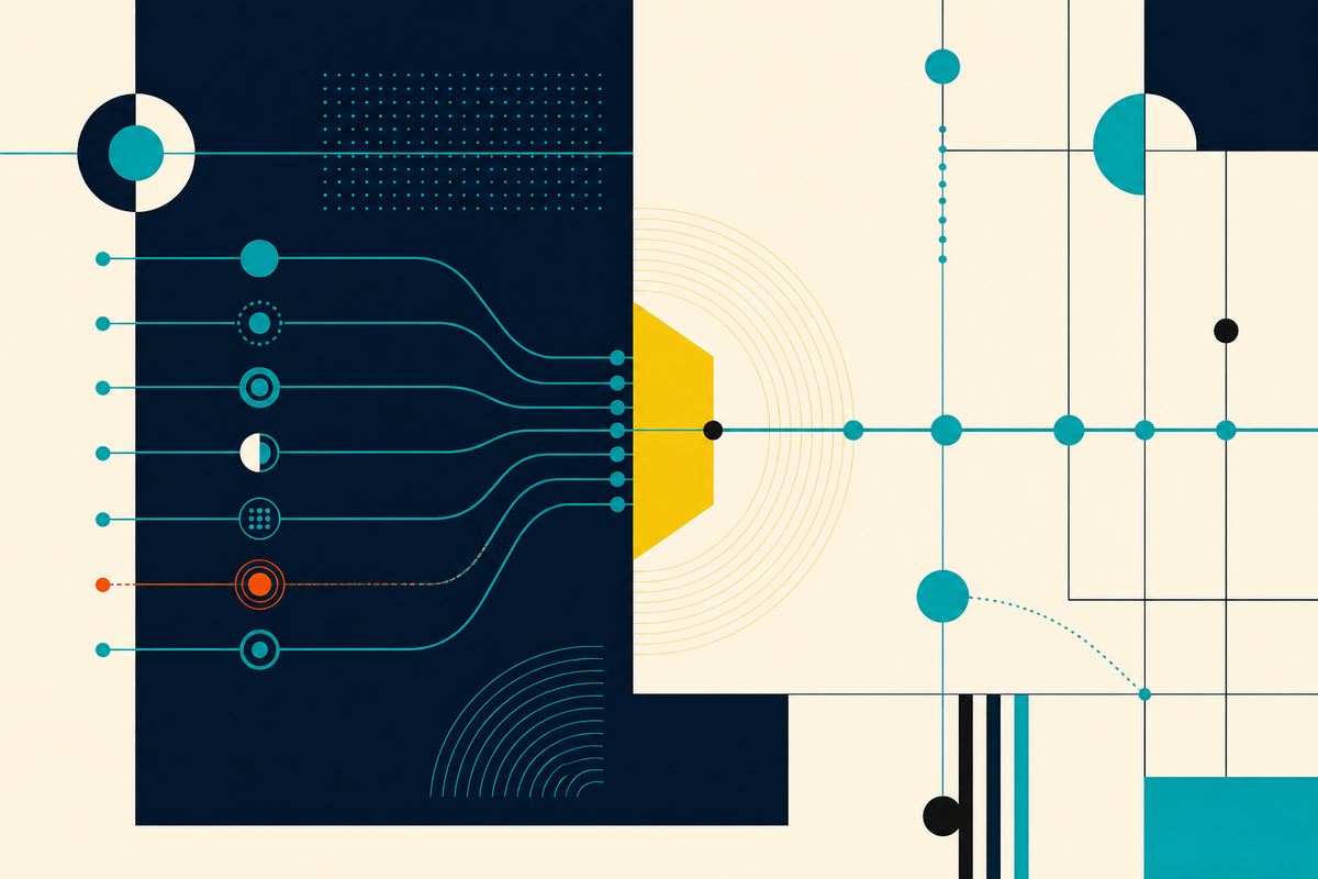 Abstract Swiss-style diagram of digital signals converging into a risk decision
