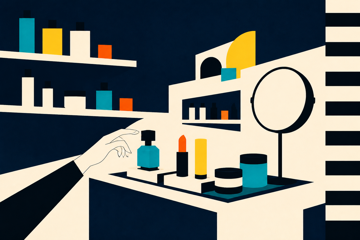Abstract Swiss-style illustration of an open beauty-testing counter with bottles, jars, lipstick and a mirror