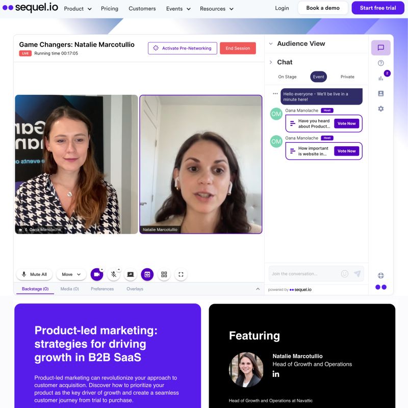 A Sequel.io webinar embedded on a branded page with two speakers, live chat and a poll
