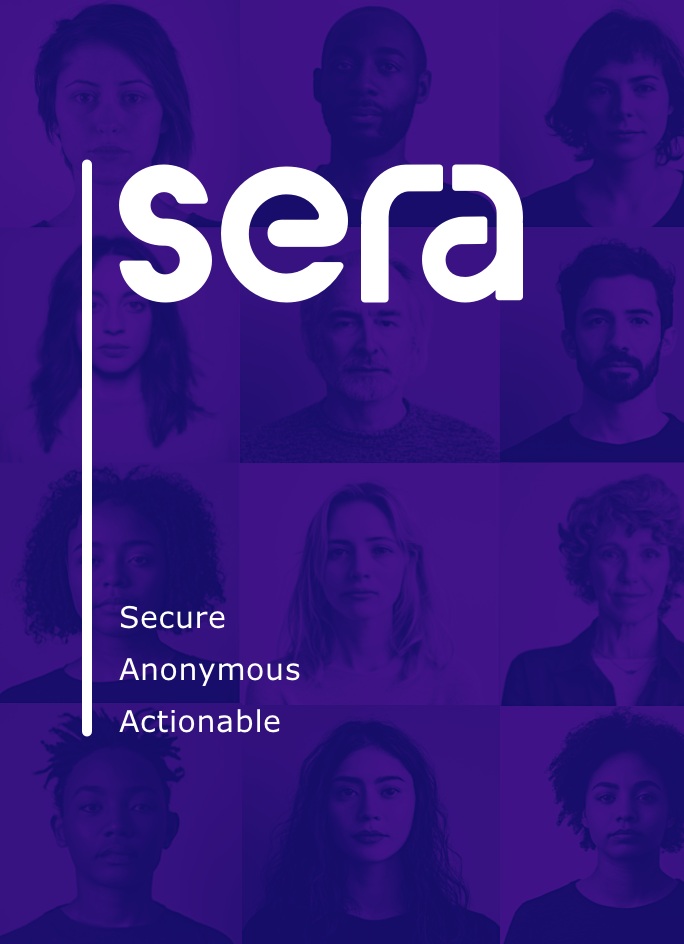 Sera’s purple workplace campaign illustration: a collage of faces with secure, anonymous and actionable messaging