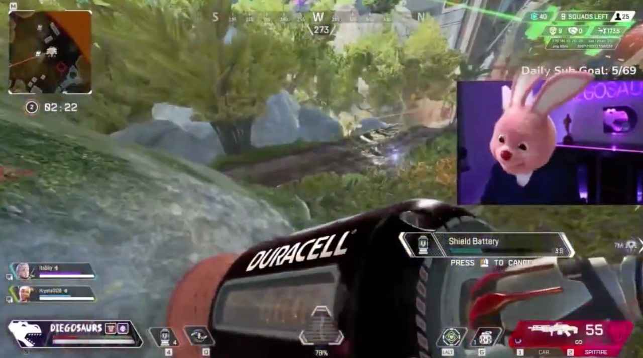 Gaming footage with an illustrated rabbit avatar and a branded battery, from the video accompanying Garden’s synthetic-media account