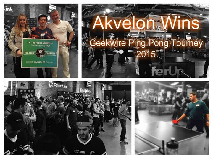 Akvelon's collage of trophy celebrations and table-tennis matches at the 2015 GeekWire tournament