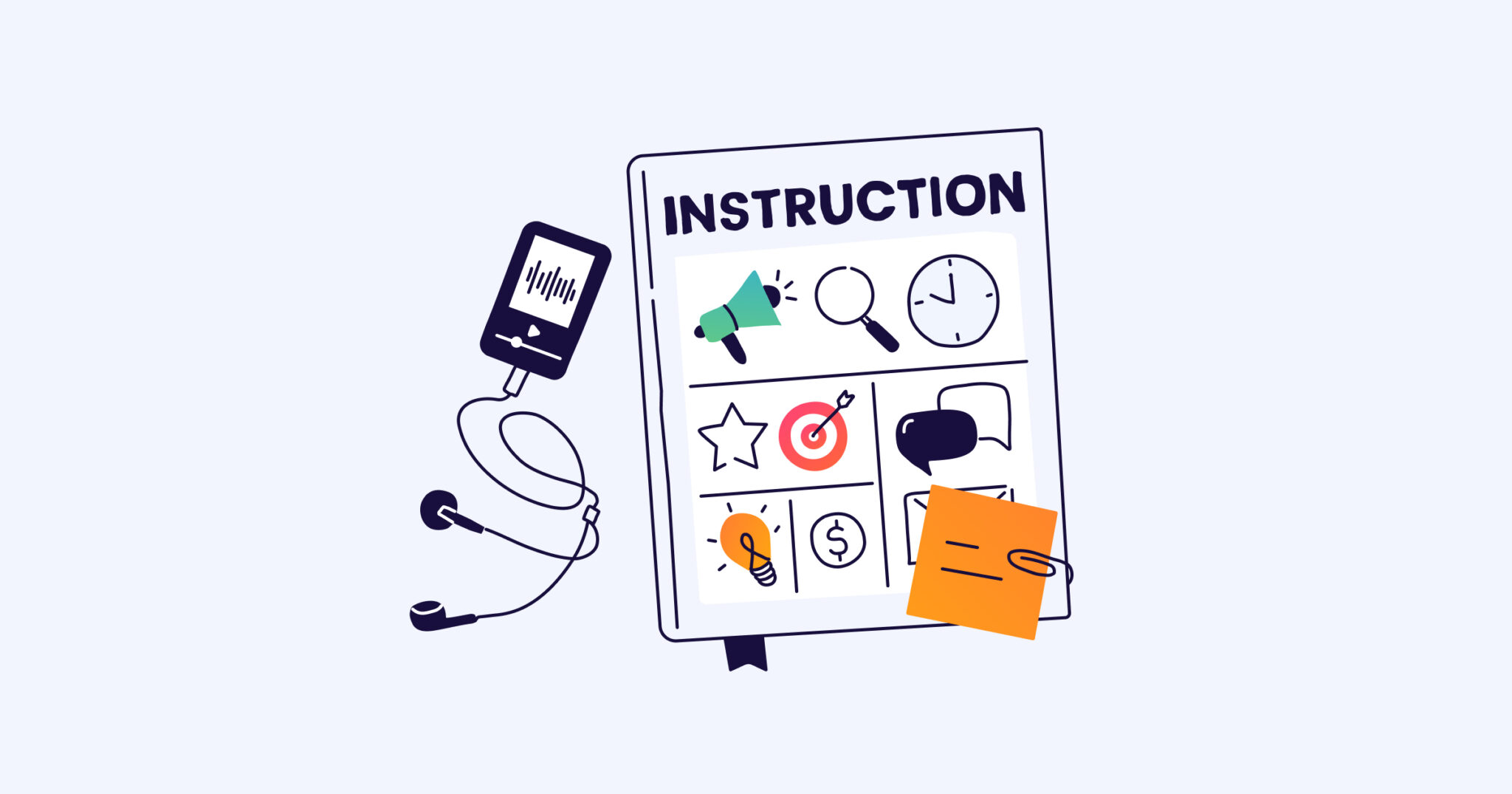 Editorial illustration of a product management instruction sheet with research, time, communication, ideas and money symbols