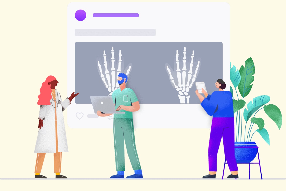 Sermo’s illustration of clinicians discussing a case beside a digital post showing hand X-rays