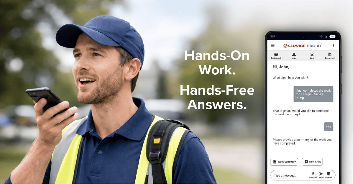 A Service Pro AI mobile screen beside a field technician using voice input