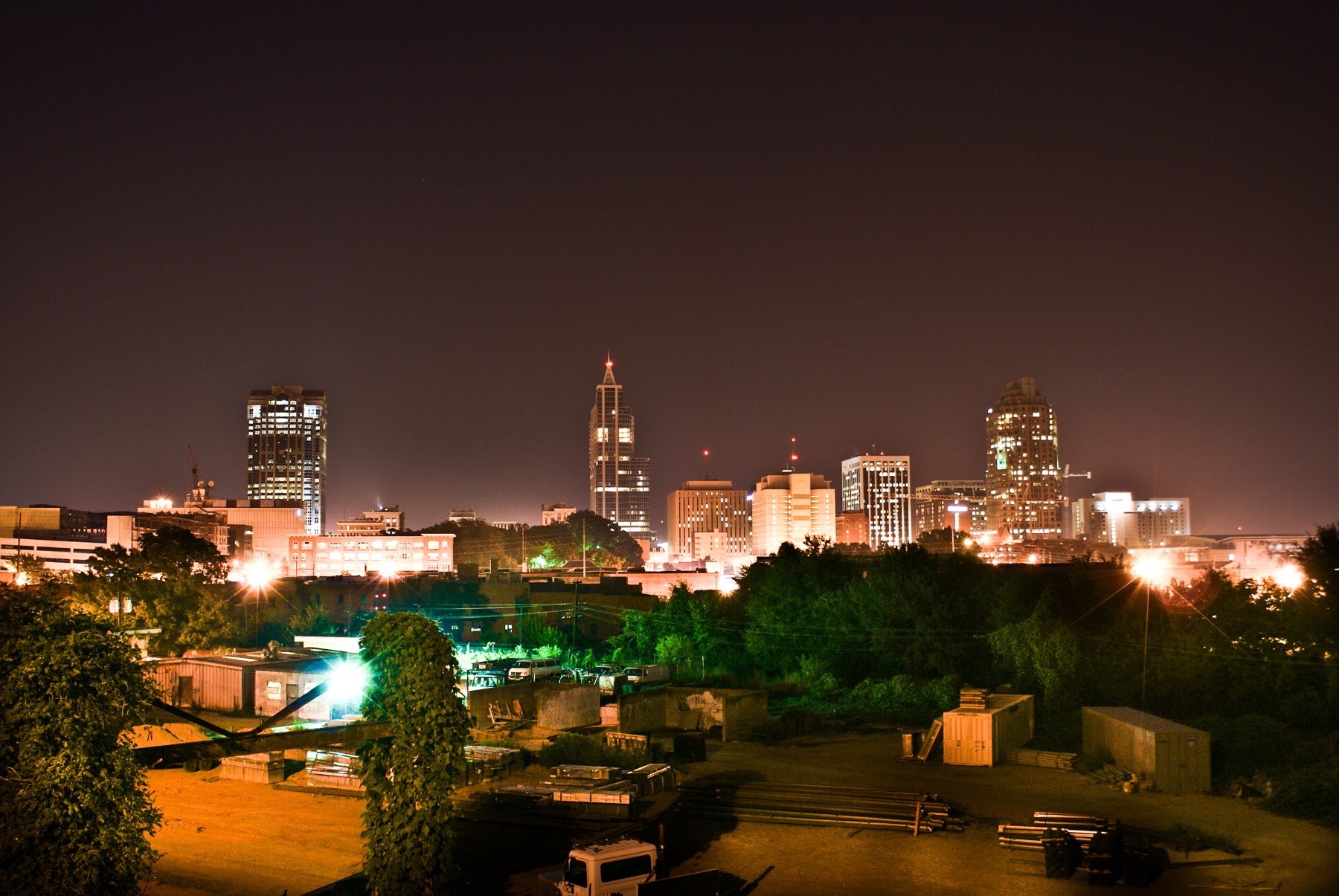 Downtown Raleigh skyline at night viewed from Boylan Avenue