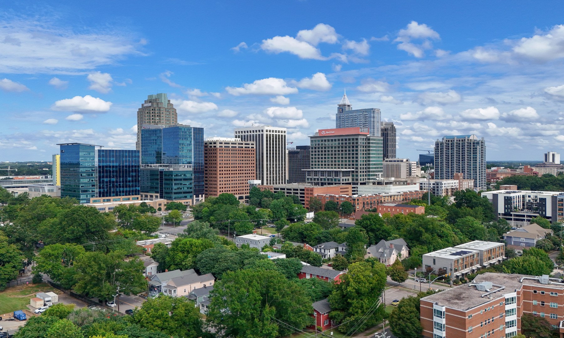 Aerial view of downtown Raleigh and surrounding neighborhoods