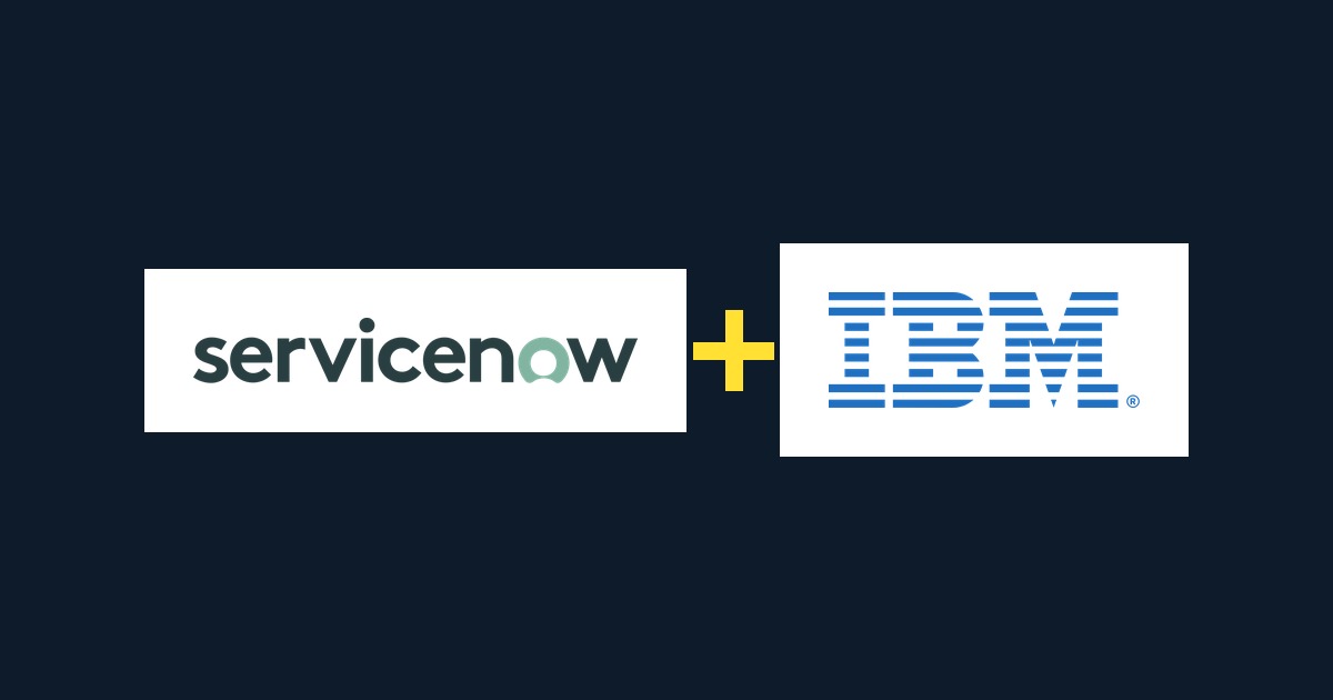 ServiceNow and IBM partnership graphic on a navy field