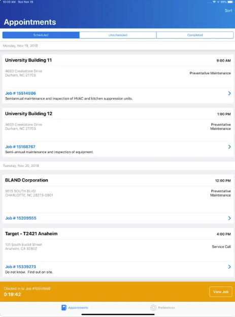 ServiceTrade technician mobile schedule showing upcoming field appointments