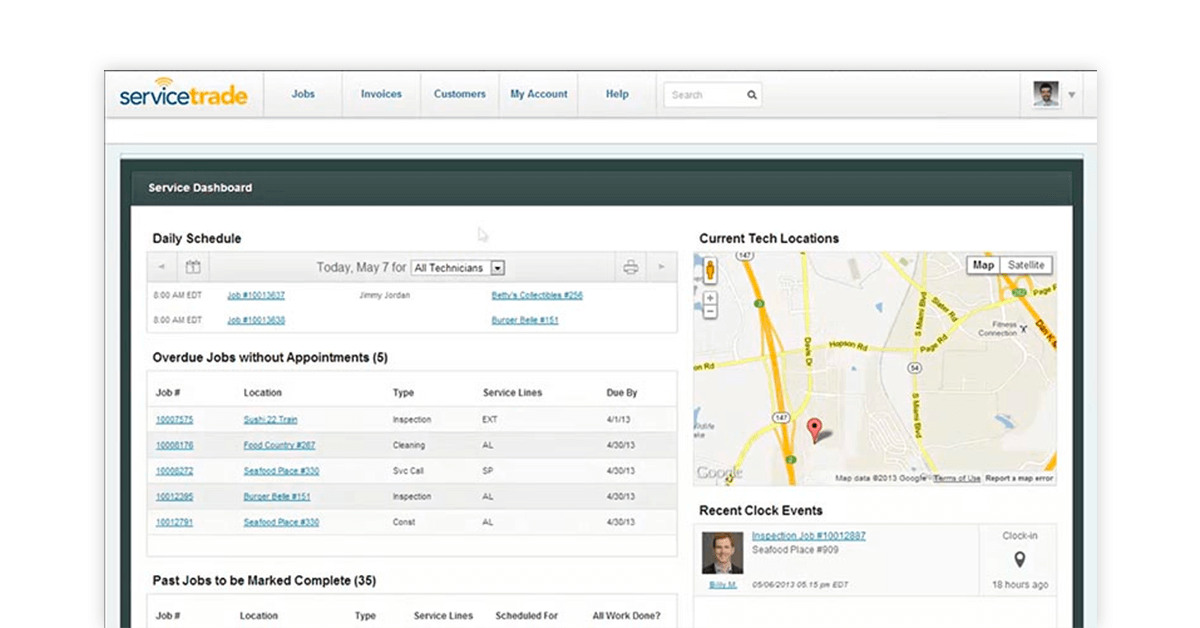 ServiceTrade field service scheduling dashboard with jobs, map and technician activity