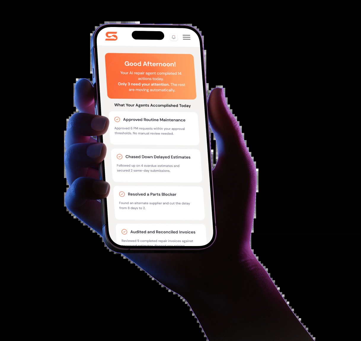 ServiceUp product illustration showing a phone with an AI repair agent activity summary