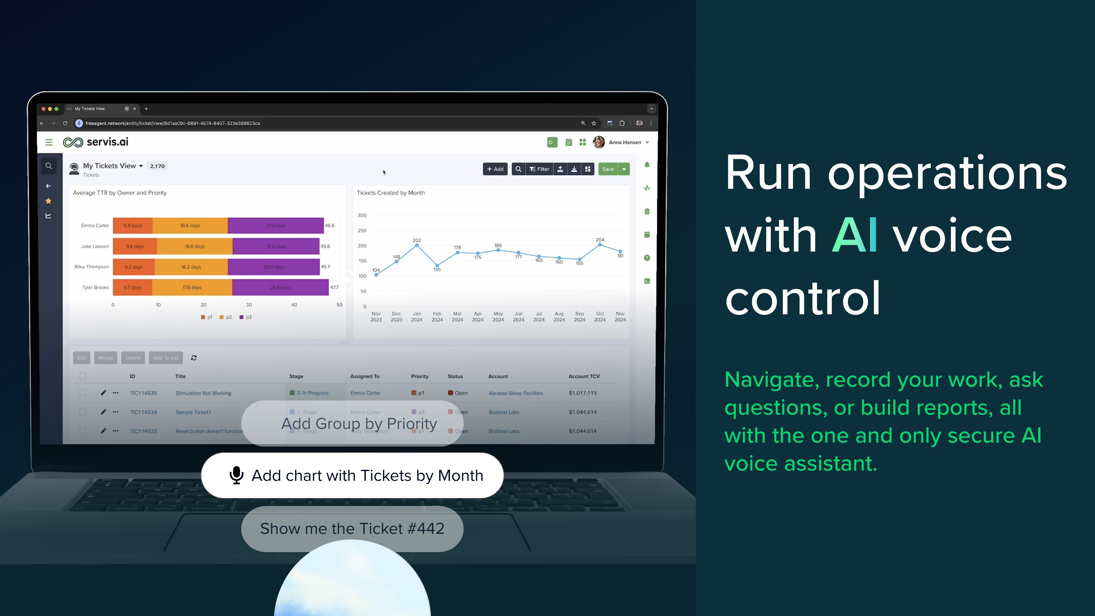 Servis.ai product graphic showing voice commands alongside an operational dashboard