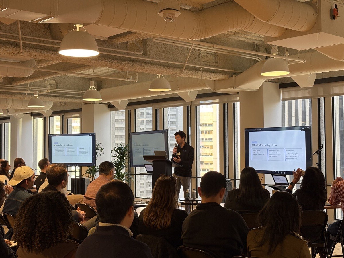 Seth Tilliss speaking to recruiters beside slides titled AI Broke Recruiting Firms
