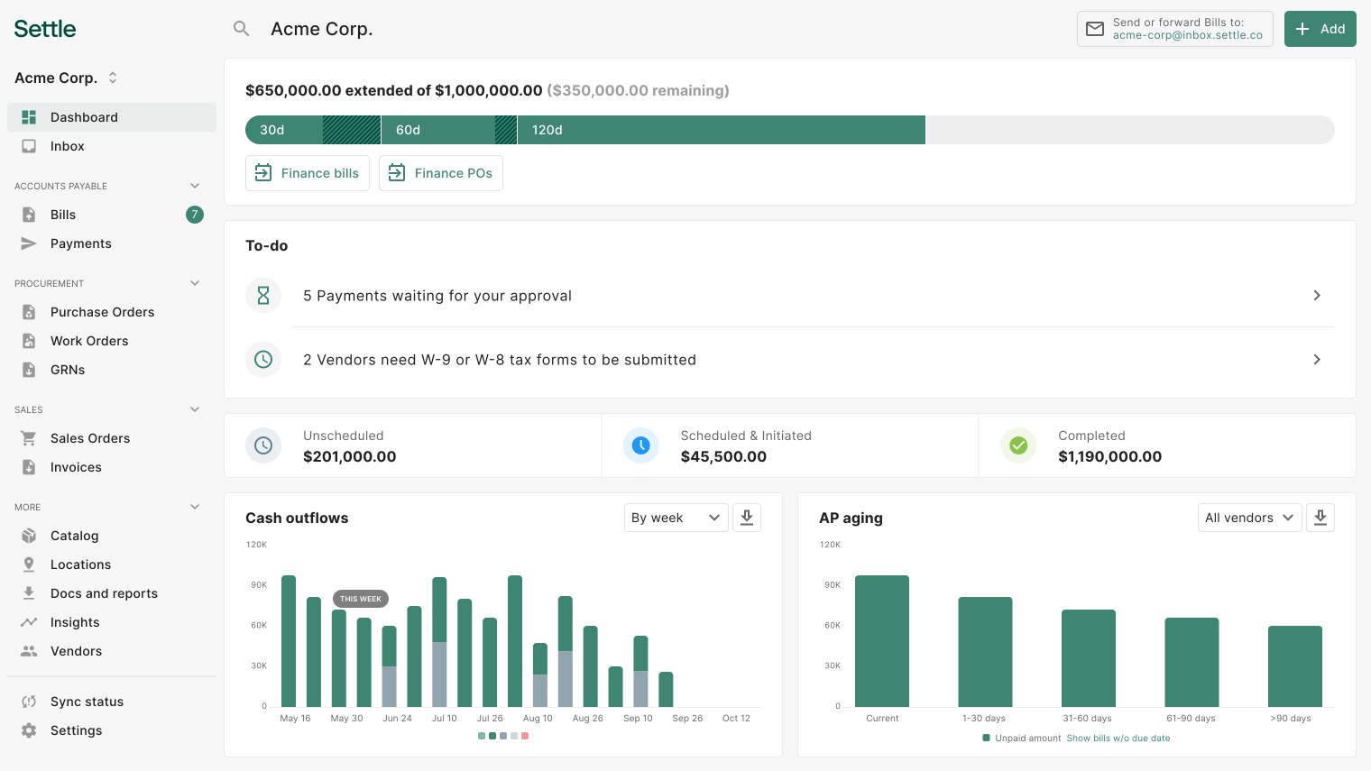 The Settle platform dashboard showing bills, purchase orders and cash flow.