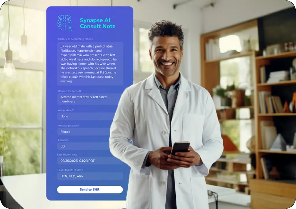 Sevaro product illustration showing a Synapse AI consultation note and a virtual neurologist