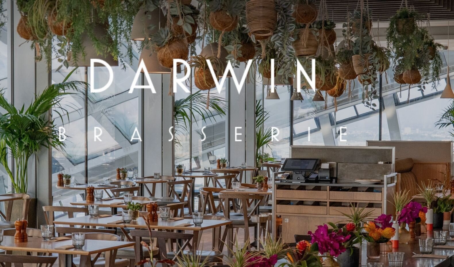 Darwin Brasserie's dining room with tall windows overlooking London