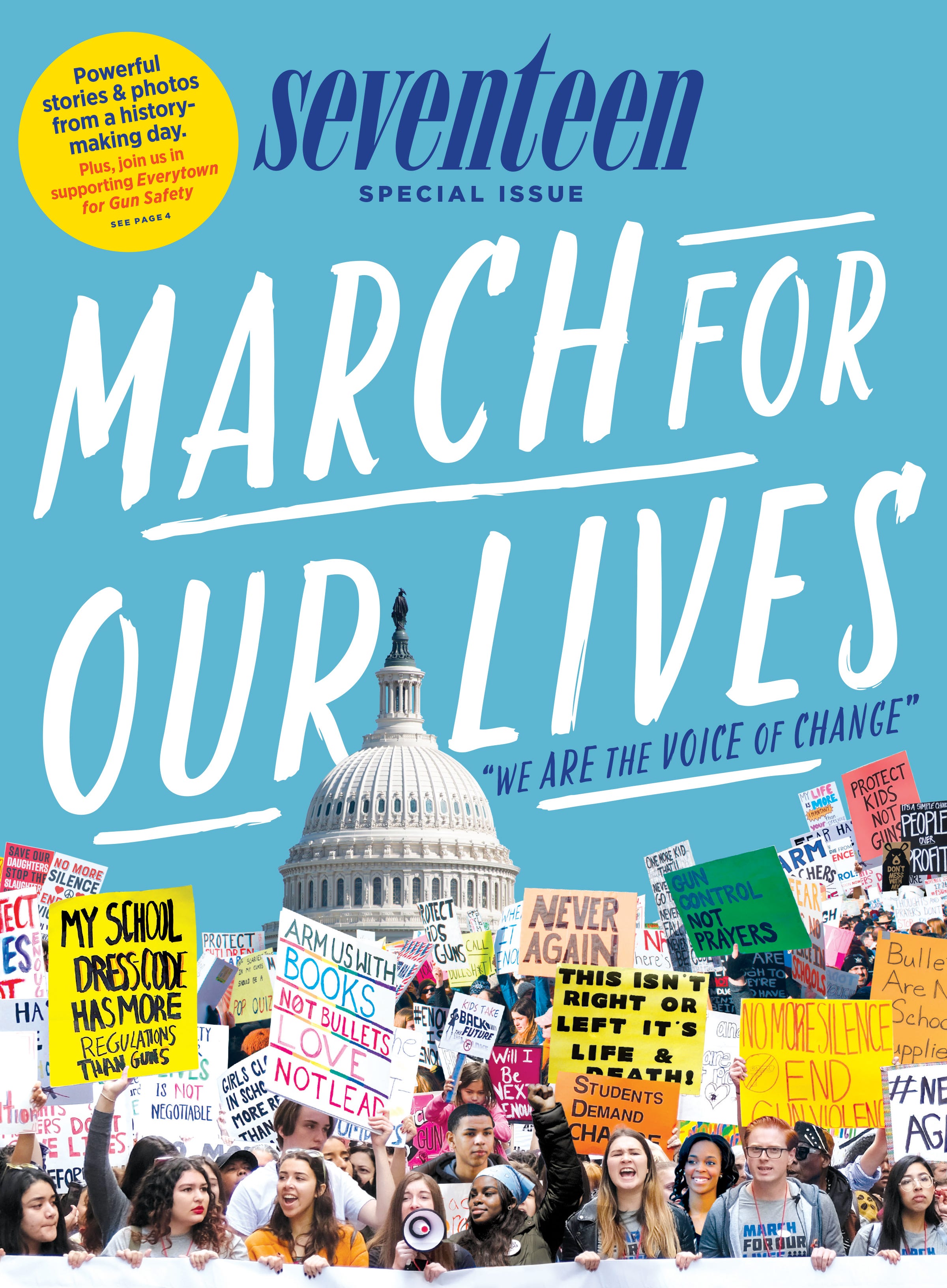 Seventeen’s blue 2018 March for Our Lives special-issue cover, featuring student protesters