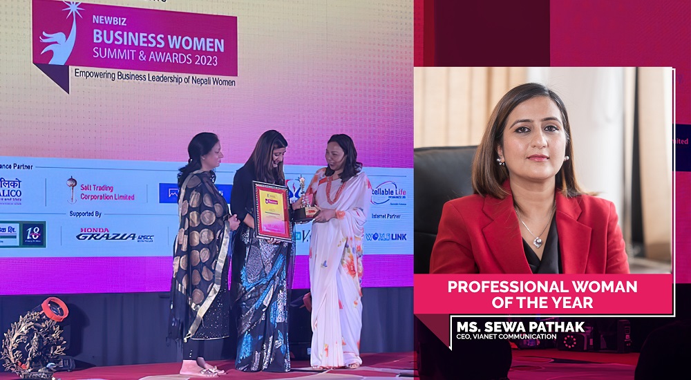 Sewa Pathak at the 2023 NewBiz award presentation, alongside an award portrait