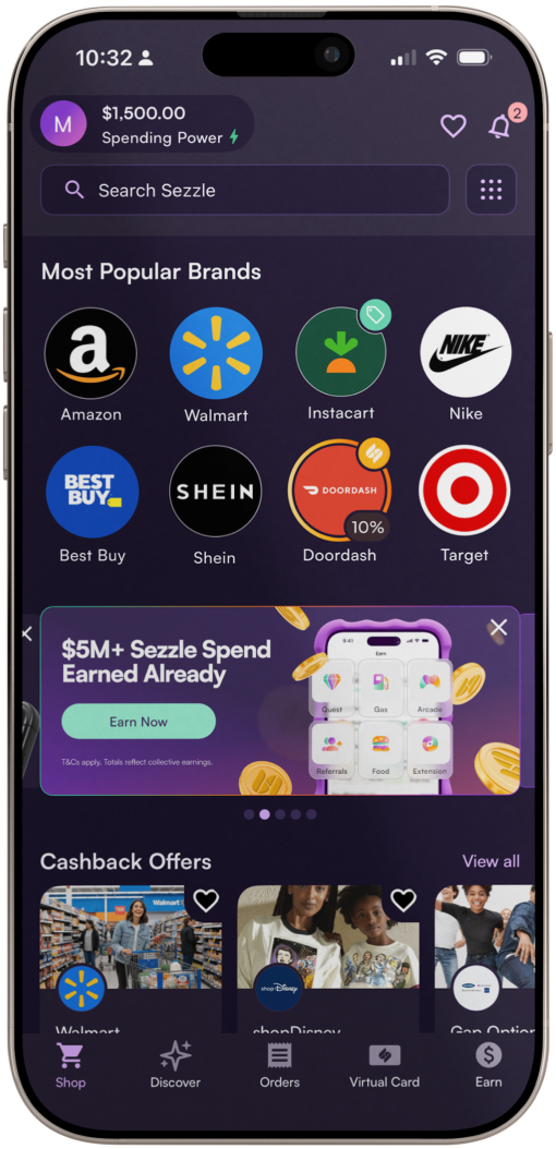 Sezzle’s shopping app with merchant discovery and payment options