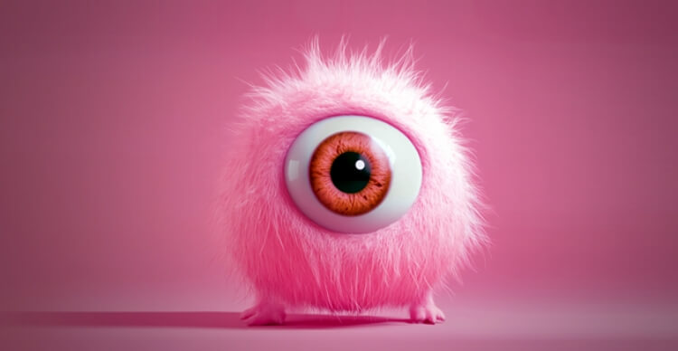 A fuzzy pink one-eyed Mammo Monster on a pink background