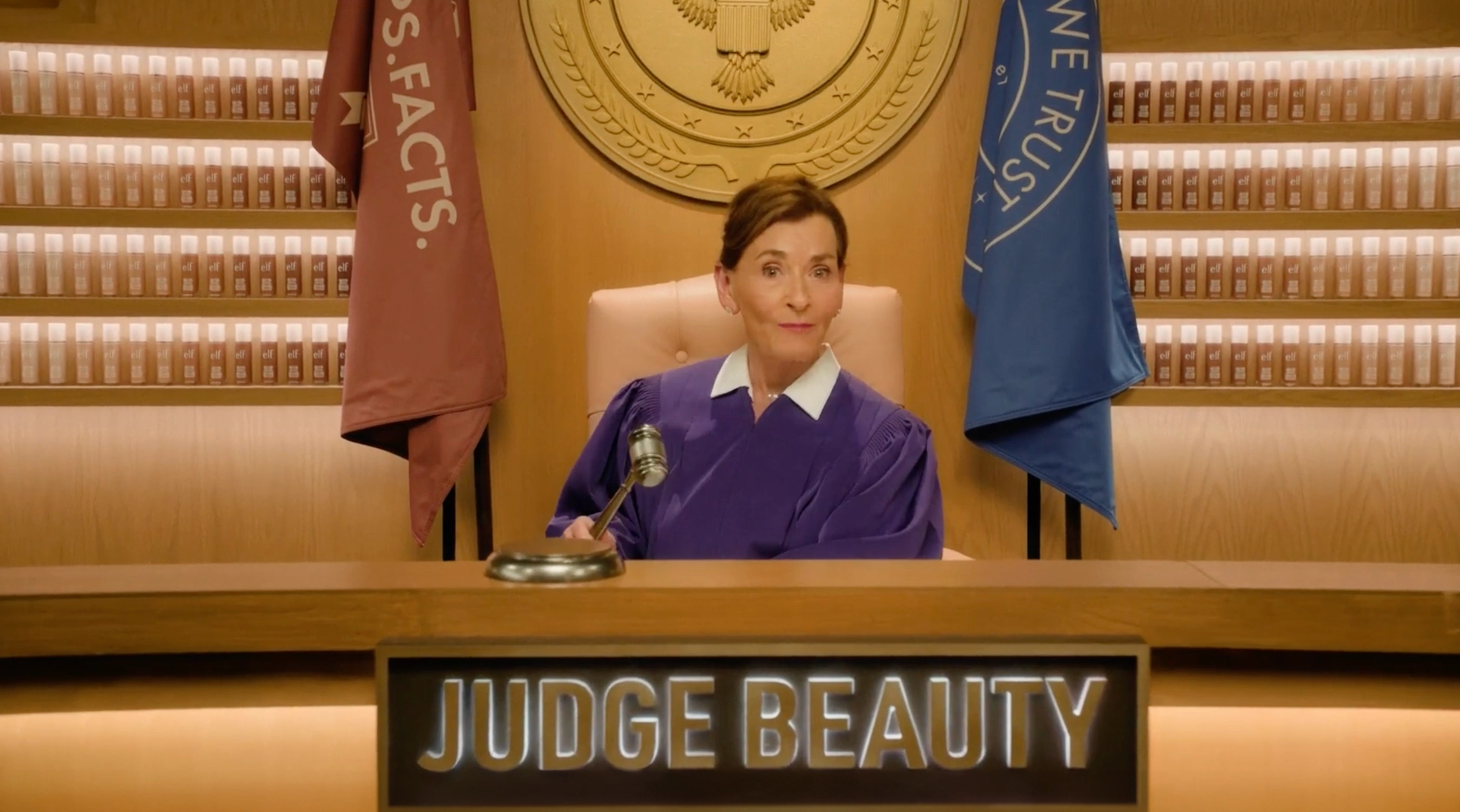 Judge Judy Sheindlin presides over the e.l.f. Judge Beauty courtroom set