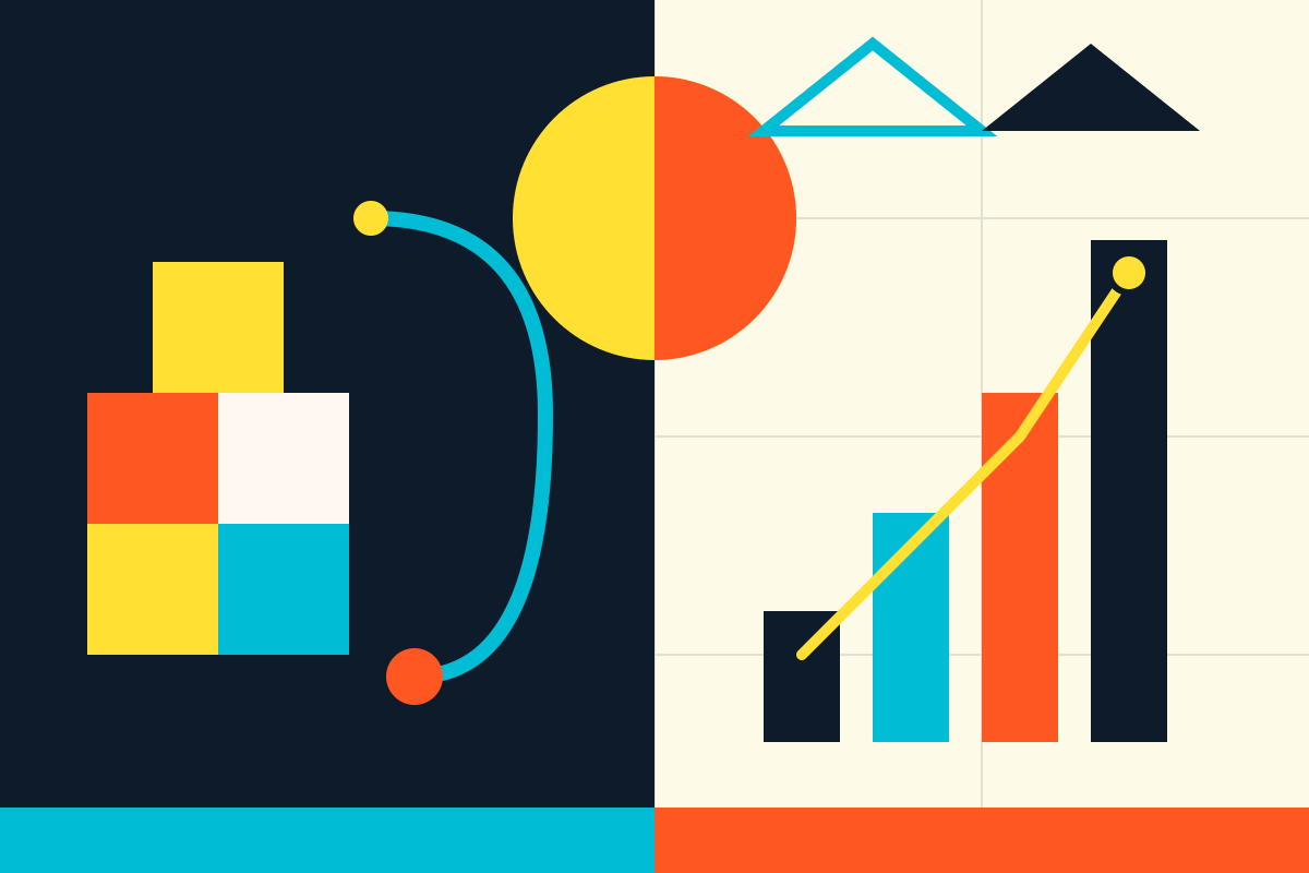 Swiss-style illustration of stacked modular units, a robotic arc and rising investment bars