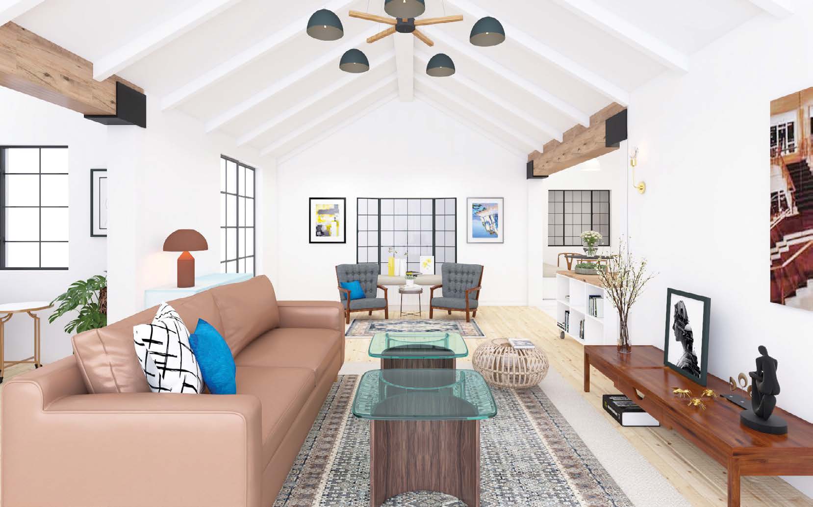 A Foyr interior visualization with a tan sofa, glass tables and a white beamed ceiling