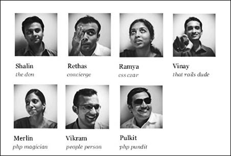Archival Tenmiles team collage with Shalin Jain labeled the don and colleagues given playful job descriptions