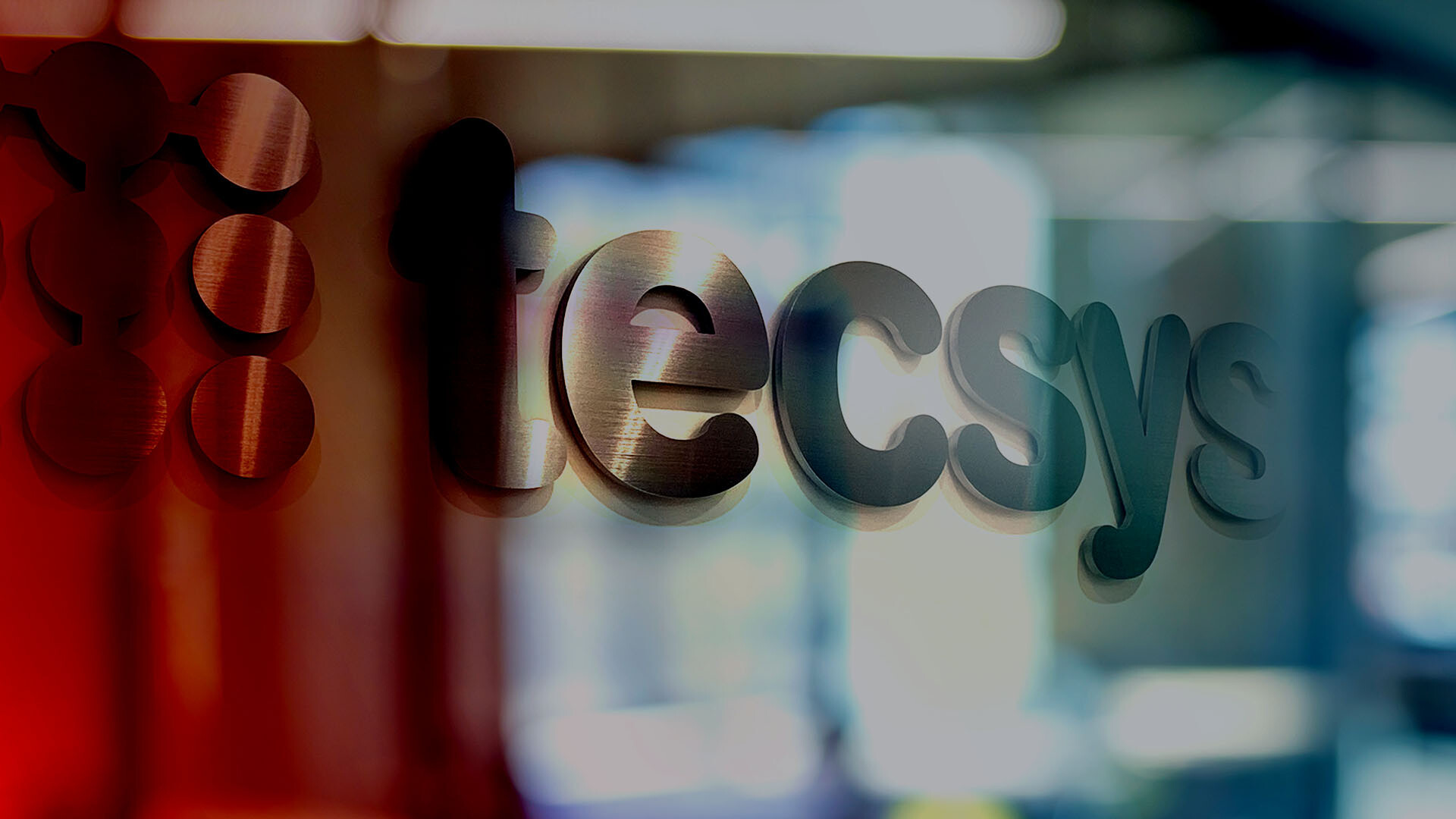 The Tecsys name mounted on glass in an office