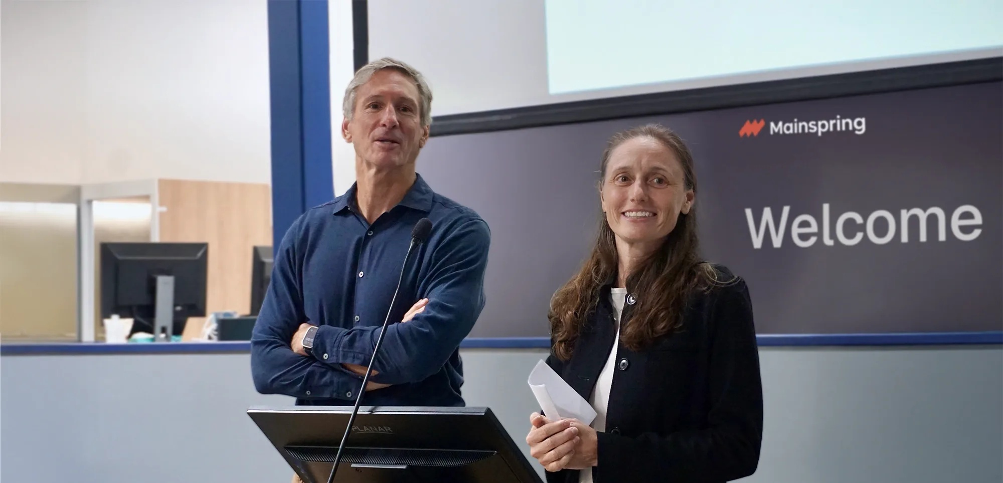Tom Linebarger, left, and Shannon Miller, right, at Mainspring Energy