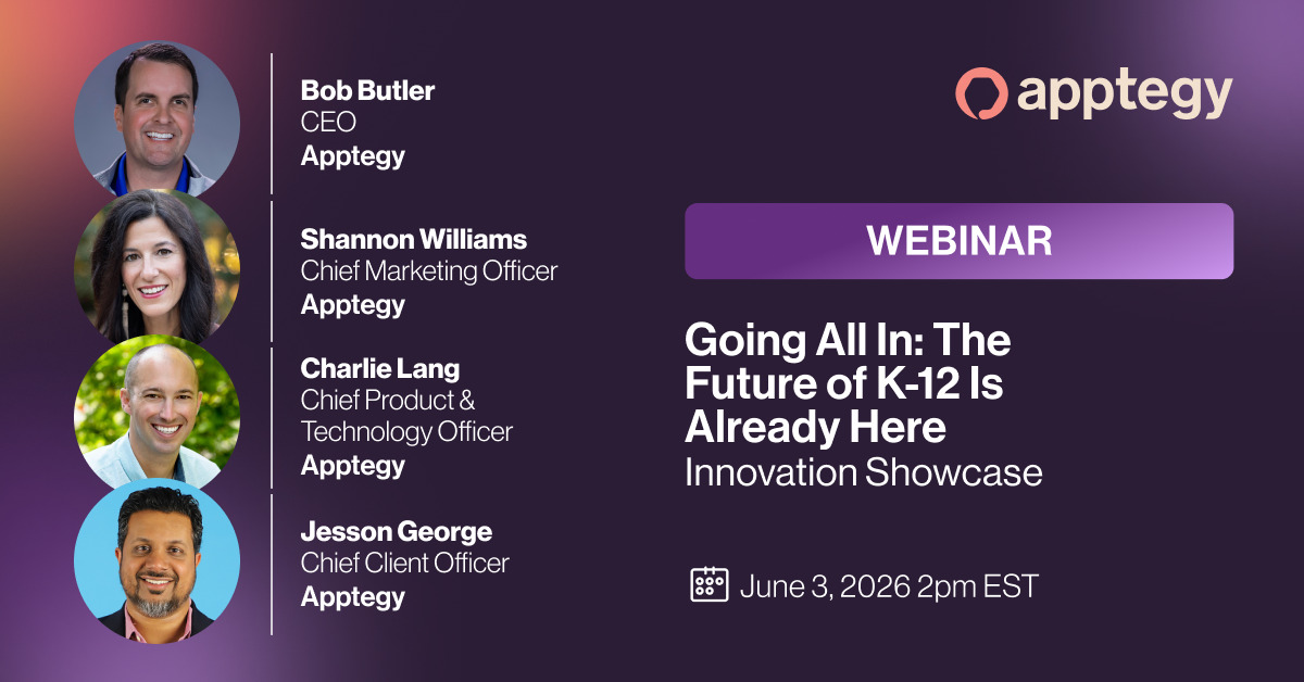 Apptegy webinar card showing Shannon Williams with Bob Butler, Charlie Lang, and Jesson George