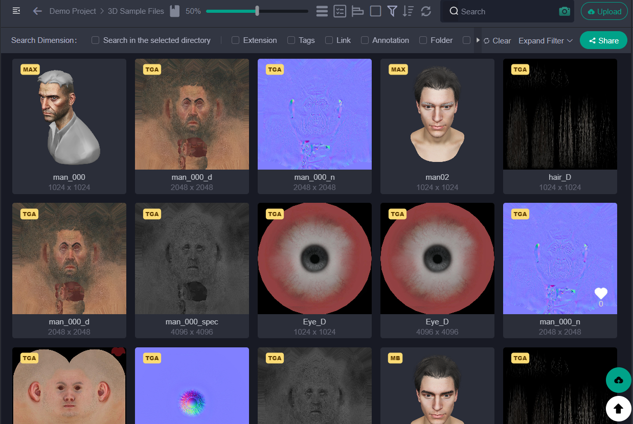 Blueberry interface displaying 3D character files, textures and search controls