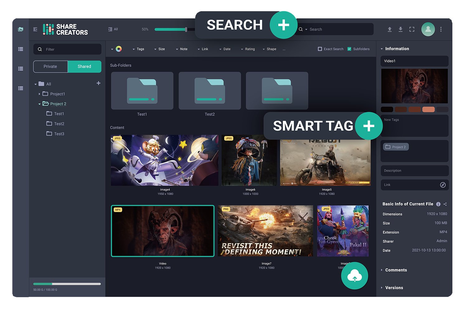 Share Creators digital asset interface showing searchable game art and smart tags