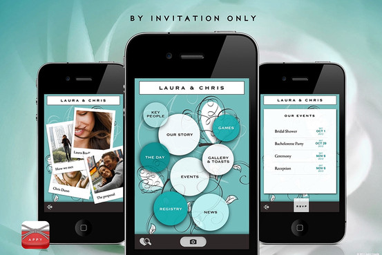 Three phones displaying an early Appy Couple wedding app interface
