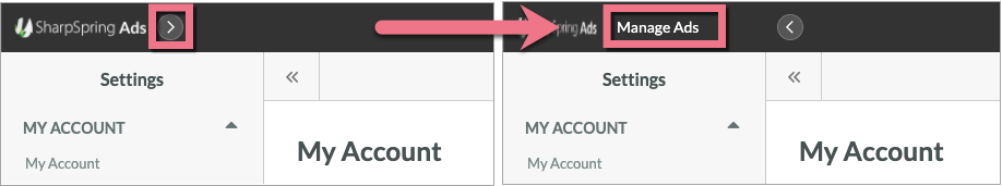 SharpSpring Ads interface showing the Manage Ads menu