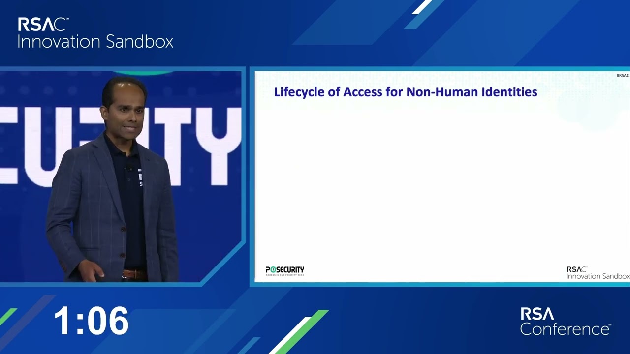 Shashwat Sehgal on stage at the 2024 RSA Innovation Sandbox, explaining the access lifecycle for non-human identities