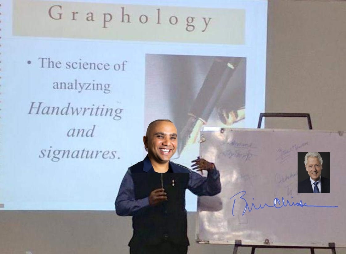 A young Shaunak Amin presenting a graphology seminar with a microphone and a projected slide