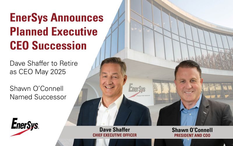 EnerSys’s November 2024 succession announcement, showing David Shaffer on the left and Shawn O’Connell on the right