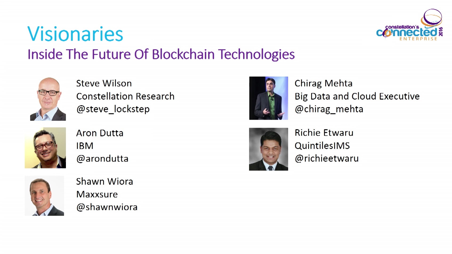 Opening title frame for the 2016 Connected Enterprise blockchain panel, with Shawn Wiora pictured at lower left