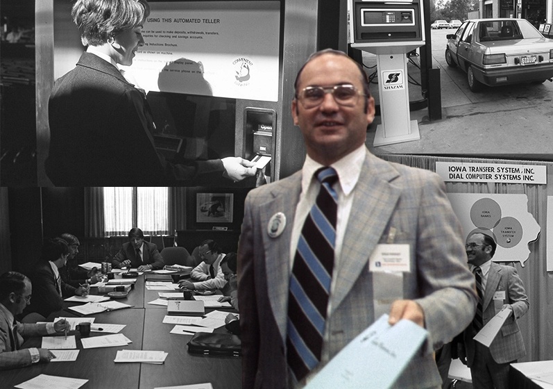 SHAZAM archival collage of an early ATM user, a pay-at-the-pump terminal and company meetings