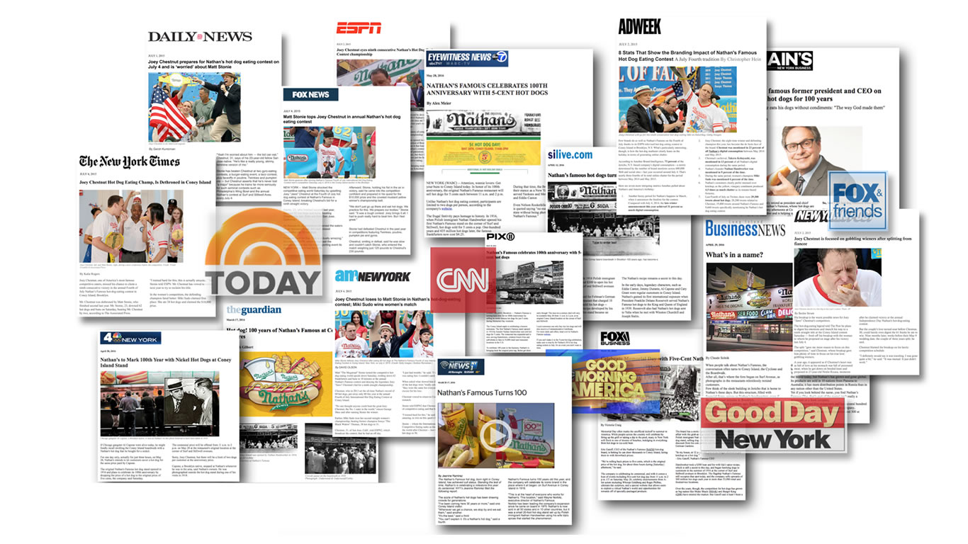 A montage of national and New York media coverage for Nathan's Famous and its hot-dog-eating contest