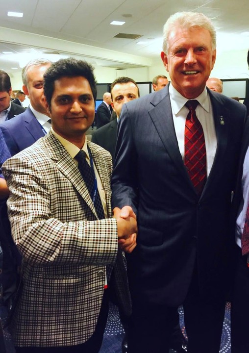 Sheetal Pansare, left, shaking hands with then Idaho governor Butch Otter at a summit in Washington, DC