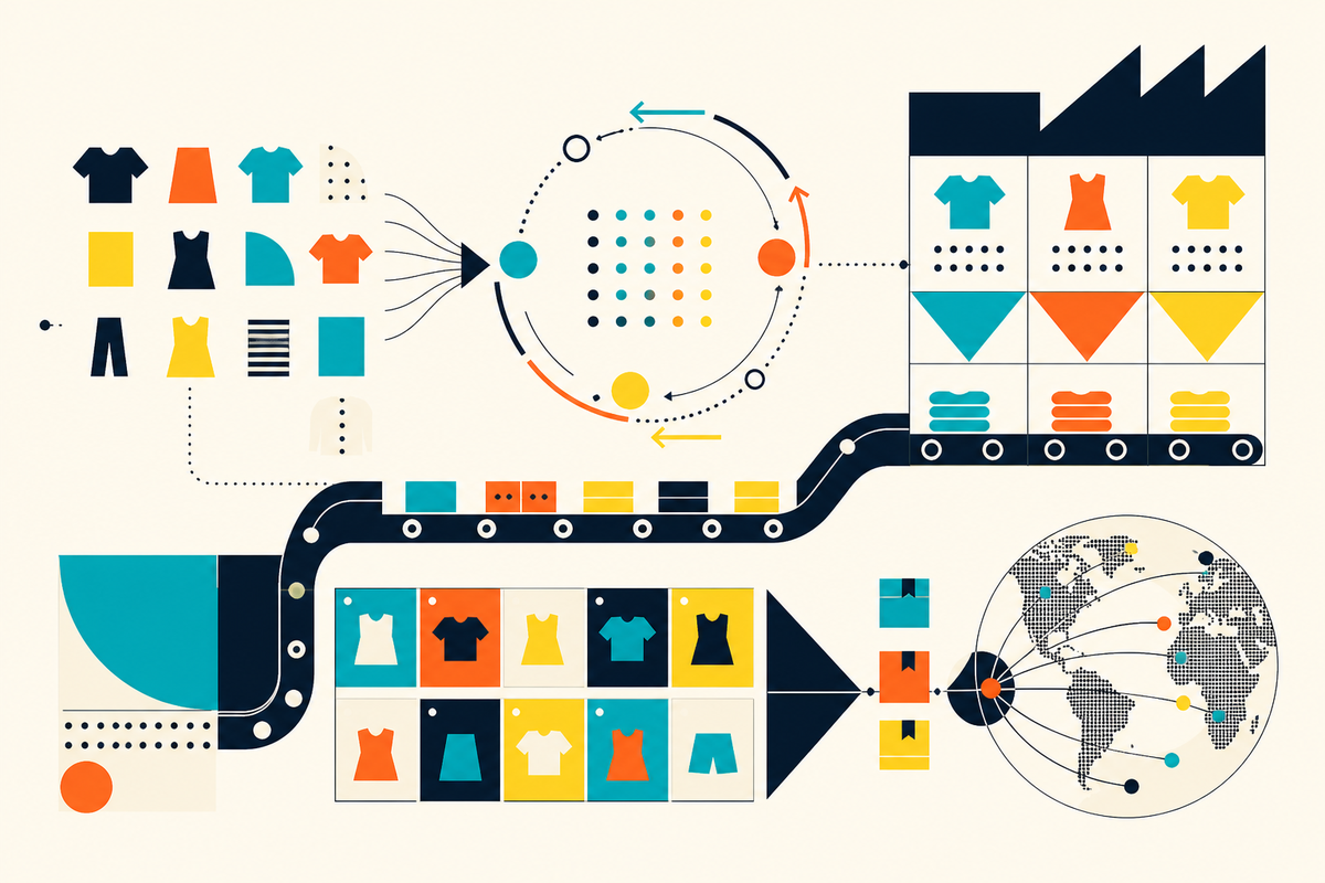 Abstract Swiss-style diagram of garments, data signals, production and global delivery