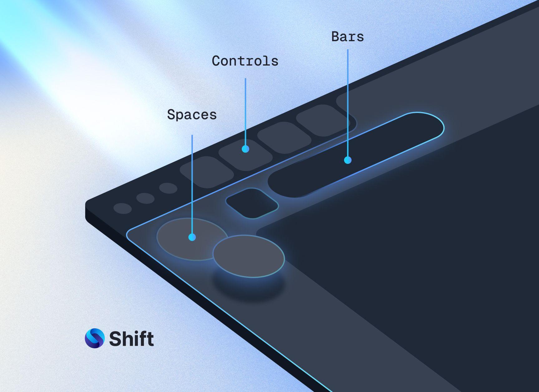 Shift product illustration showing movable bars, controls, and Spaces