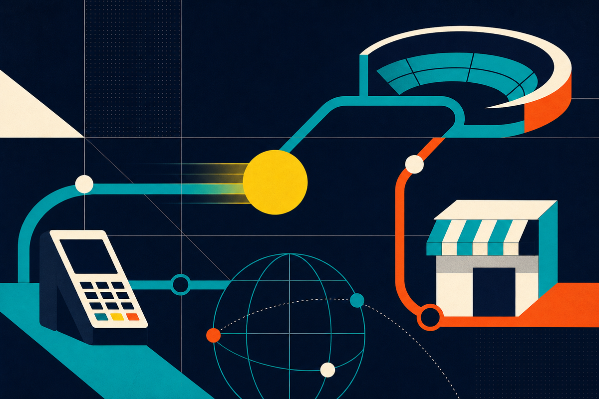 Abstract Swiss-style illustration connecting a payment terminal, a globe, a stadium and a storefront